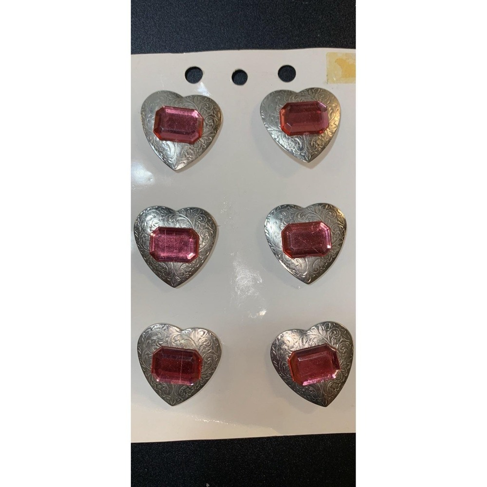 Vintage Southwestern Silver Tone Heart Concho Button Covers With Pink Rhinestone